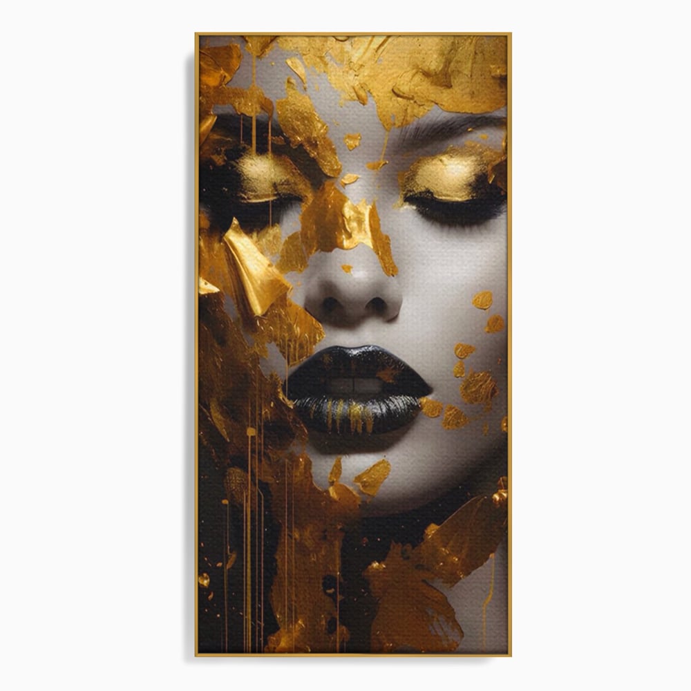Tablou canvas cu tablou canvas cu portret feminin auriu, in rama de aluminiu auriu